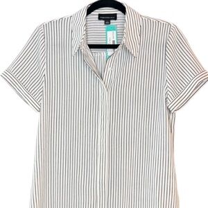 Fortune + Ivy White Black Stripe Short Sleeve Button Down Blouse Large NWT